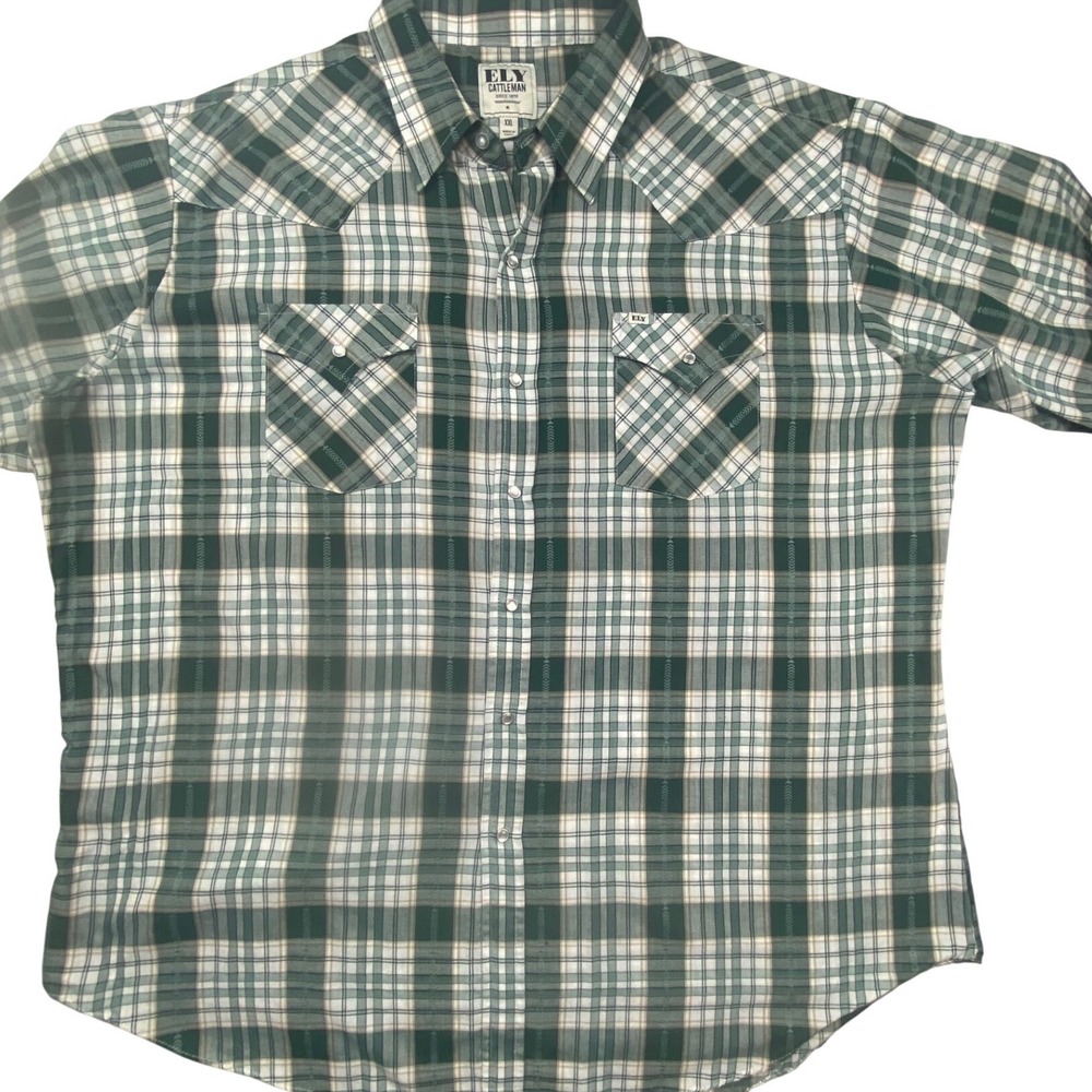 Ely Cattleman Mens XXL Green Plaid Western Pearl Snap Short Sleeve Shirt